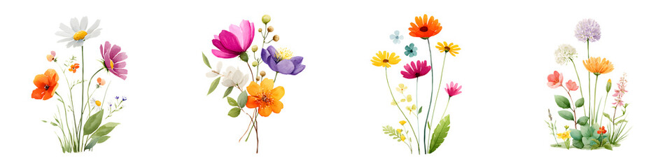 Obraz premium Vibrant flower bouquets featuring colorful blooms including daisies, poppies, and marigolds, ideal for floral design and decoration projects.