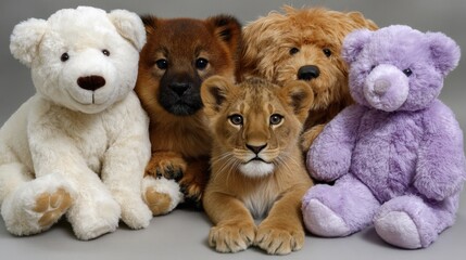 Cute collection of stuffed animals and lion cub in a portrait