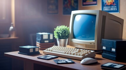 Fototapeta premium Old fashioned computer. Retrofuturism, history of technology, cyberpunk and digital culture of the 80s-90s