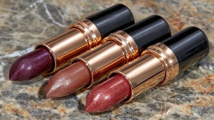 Set of three sparkling lipsticks on marble surface: dark purple, bronze, rose shades