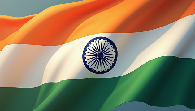 Close-Up of Indian Flag Waving Dramatically Against Soft Background