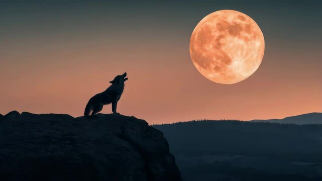 silhouette of wolf howling and full moon on the background 