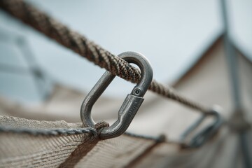 Exploring the intricate details of outdoor gear with a close-up view of a carabiner on a tent line at dusk