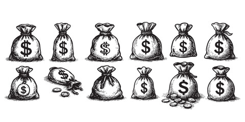 money bag set in vintage style hand-drawn engraving woodcut illustration