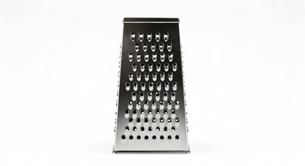 A close up studio shot of a metal box grater against a plain white background surface