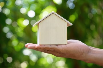 Dream home concept: miniature house on hand with blurred green nature background idea