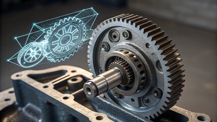 Gear and Hologram: A shiny gear meshes with a futuristic hologram, symbolizing innovation and mechanical precision, merging physical engineering with digital technology.