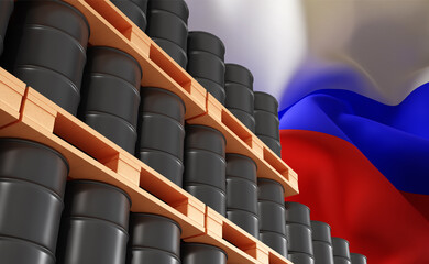 Fototapeta premium Oil barrels with Russian flag. Oil industry concept