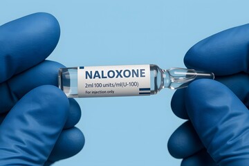 high-resolution image of blue-gloved hands holding naloxone ampoule on a sky blue background, ideal for overdose awareness content