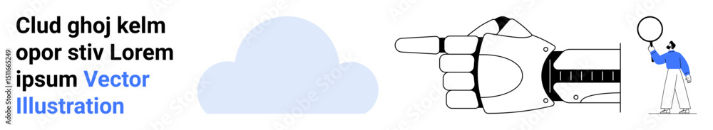 Poster robotic hand gestures towards a cloud while a man inspects a round object. ideal for technology, inn