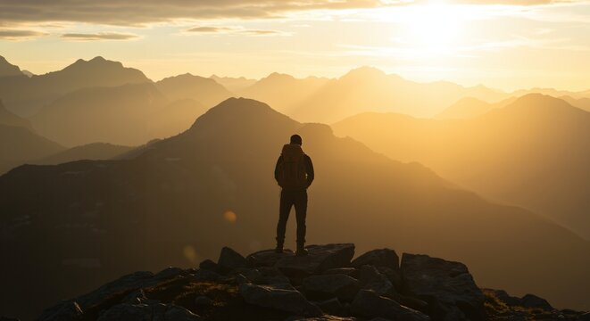 Man with backpack enjoys stunning mountain sunrise. Hiker standing on rocky peak overlooking vast alpine landscape. Adventure and exploration in nature.