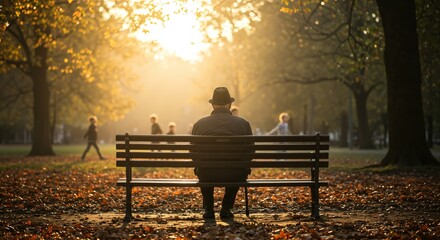 Elderly man wearing a hat sits alone on a park bench during a golden autumn sunset, watching children play in the distance. Peaceful and contemplative scene of aging and reflection.