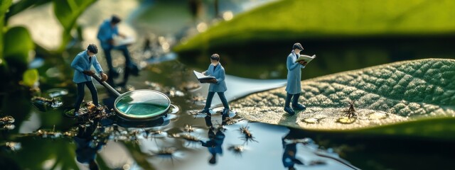 Tiny researchers examining a massive puddle of water. environmental research, water conservation, scientific inquiry, ecological research concept. Selective focus banner 