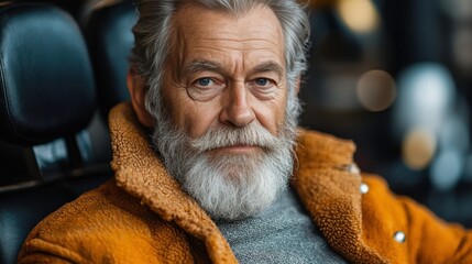 Senior Man with Distinct Beard in Cozy Orange Jacket Close-Up