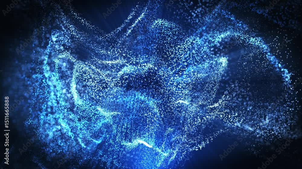 Poster abstract digital waves emit bright rays of light and swirl with wave energy on blue background, big 