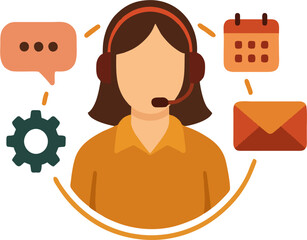 A faceless support representative with headset surrounded by icons
