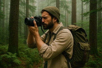 Man taking picture of forest.