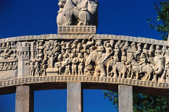 King Ashoka Stories on Sanchi Stupa gate, Raisen, Bhopal, Madhya Pradesh, India