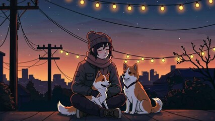 Cartoon of person with two dogs on rooftop at dusk, cityscape view