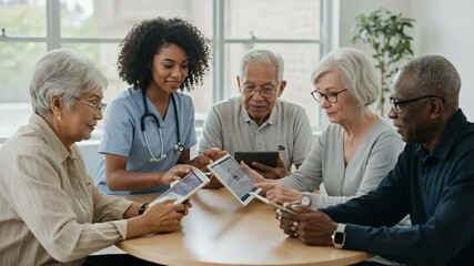 Seniors participating in digital health education workshop using tablets for telehealth training in bright community center, promoting digital literacy and healthcare access for elderly population