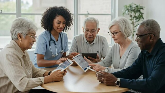 Seniors participating in digital health education workshop using tablets for telehealth training in bright community center, promoting digital literacy and healthcare access for elderly population