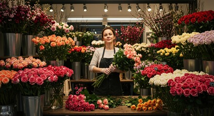 Caucasian female florist proudly working in her vibrant flower shop, holding a beautiful bouquet of fresh roses. Small business owner surrounded by colorful floral arrangements and blooms.