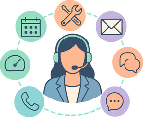 Illustration of a call center employee surrounded by icons representing services