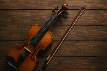 Naklejka premium Violin and bow on wooden background.