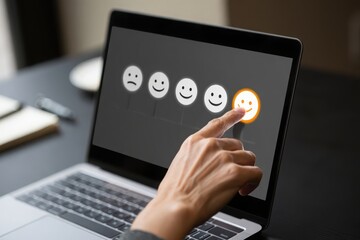 Customer satisfaction survey online feedback form rating scale on laptop screen