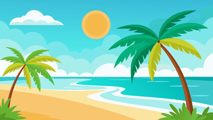Vector Illustration of Tropical Beach with Palm Trees 