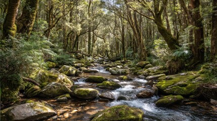 Obraz premium River meandering through dense emerald forest with moss-covered rocks and sunlit trees, vibrant natural landscape scene