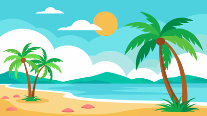 Obraz premium Vector Illustration of Tropical Beach with Palm Trees 