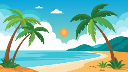 Vector Illustration of Tropical Beach with Palm Trees 
