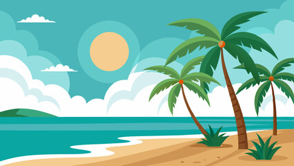 Obraz premium Vector Illustration of Tropical Beach with Palm Trees 
