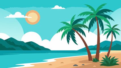 Vector Illustration of Tropical Beach with Palm Trees 
