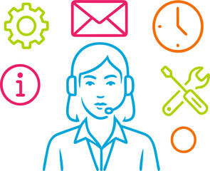 Lineart depicts a call center agent surrounded by icons representing tech support services