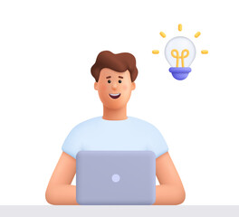 Young smiling man James working on the laptop computer and having a idea. Freelance job, creativity innovation and business idea concept. 3d vector people character. Cartoon minimal style.