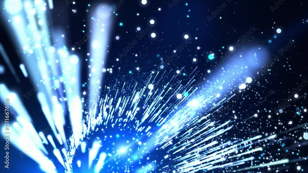 Poster abstract digital background with glowing neon rays of light and blue shimmering dust particles flyin