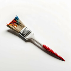 Obraz premium A lone paintbrush with dried paint residue on the tip, diagonally placed on white.