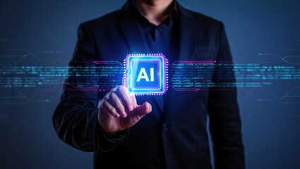 Ai artificial intelligence technology concept businessman touching virtual screen ai chip