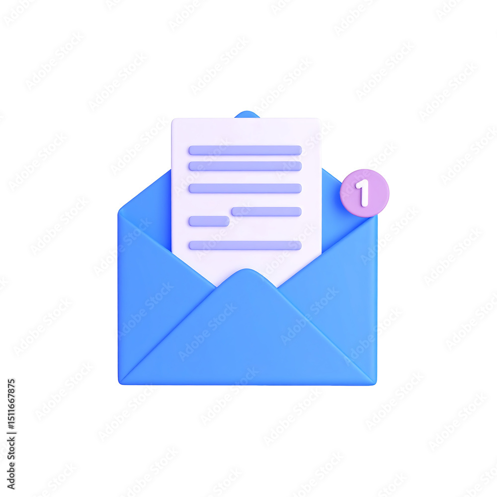 Fototapete new message notification: a 3d rendered illustration of a light blue email envelope with a single ne