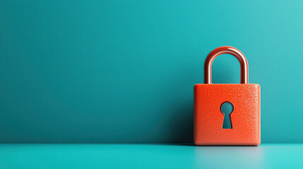 Vibrant orange padlock stands against teal background, symbolizing security and protection. minimalist design emphasizes concept of safeguarding information and privacy