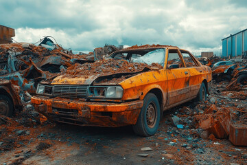 Burnt car in junkyard.