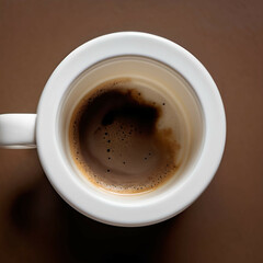 A white coffee mug with a small coffee stain on the rim, viewed from a top-down angle