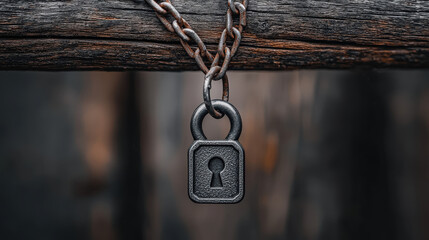 Black padlock hangs from rusty chain on wooden beam, symbolizing security and protection. focus is on lock, with blurred background enhancing sense of isolation
