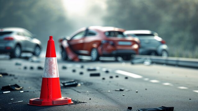 Traffic cone in foreground with damaged vehicles after a car accident on the highway.