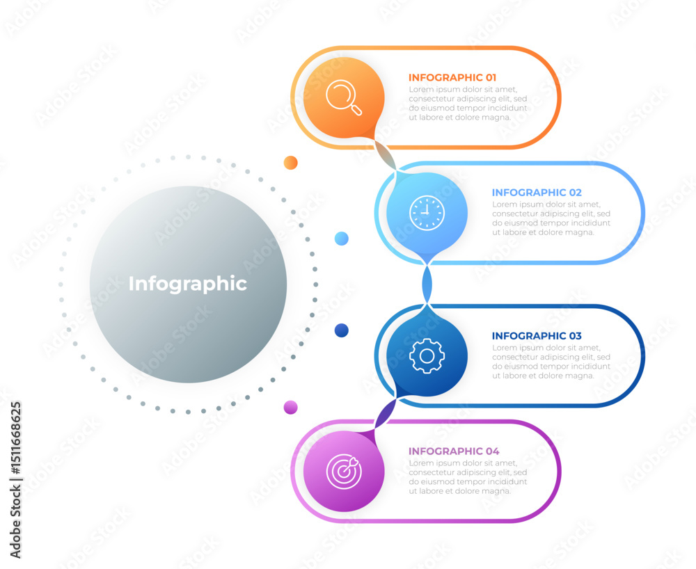Poster infographic design template with 4 steps or options, representing a clear workflow, process, or time
