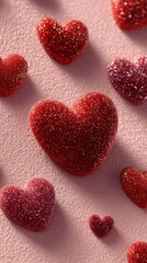 Fototapeta premium Glittery red hearts scattered on a textured pink background.