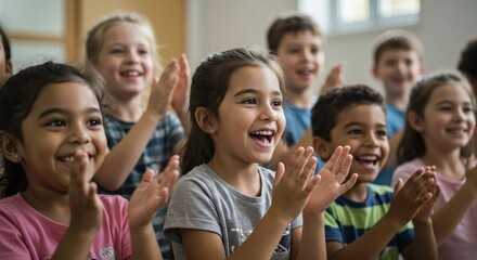 Group of happy friends children, clapping hands outdoor. Applause together, success and entertainment. Happy kids, childhood. Selective focus