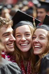 Joyful group of graduates celebrating achievement with beaming smiles at commencement ceremony, embodying success and unity in an academically rewarding milestone moment